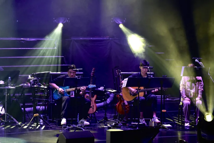 Seated guitarists playing acoustic and electric guitars on stage